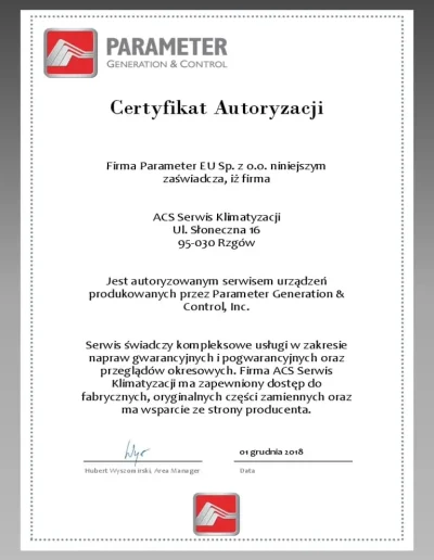 Certufikat autoryzacji firmy Parameter dla ACS Serwis klimatyzacji
